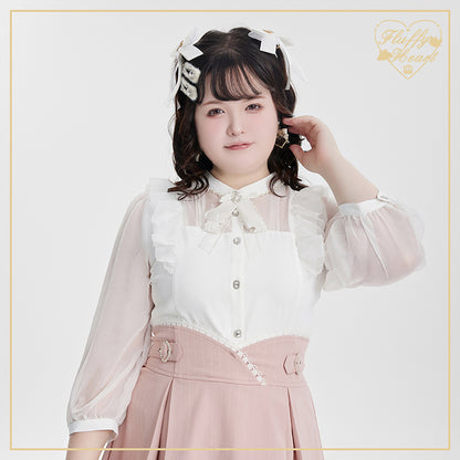 White Pink Jirai Kei Blouse Sheer Lace Shirt with Rhinestone 32914:403880