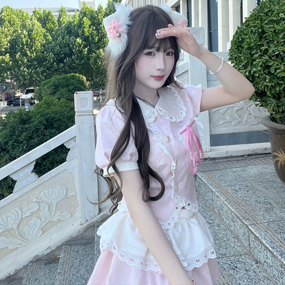 Kawaii Pink Outfit Set Sweet Tiered Skirt Set 37546:576754