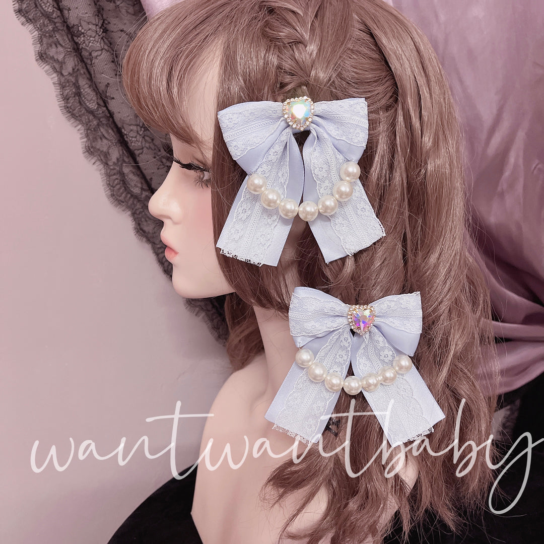 Handmade Jirai Kei Lolita Plaid Lace Pearl Bow Hair Clip 21764:314836