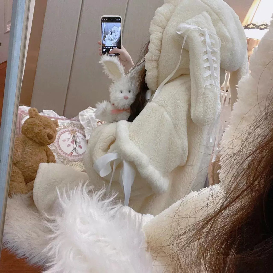 Sweet Lolita Coat Beige Plush Bunny Ear Long Coat For Winter 40292:678342