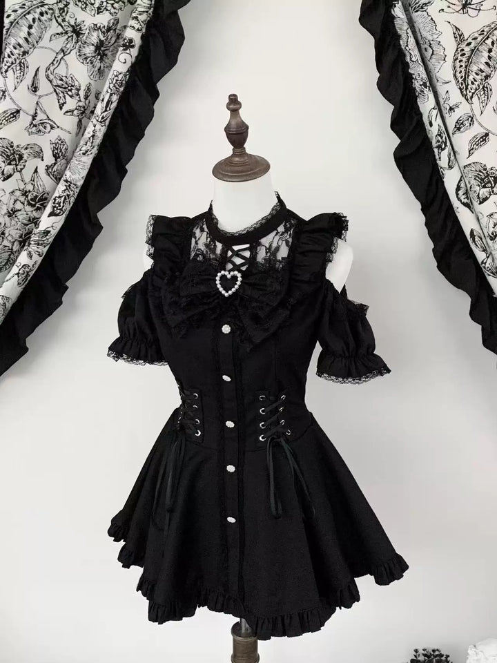 Jirai Kei Pure & Striped Black Dress, Open Shoulder (XL) 44960:831991