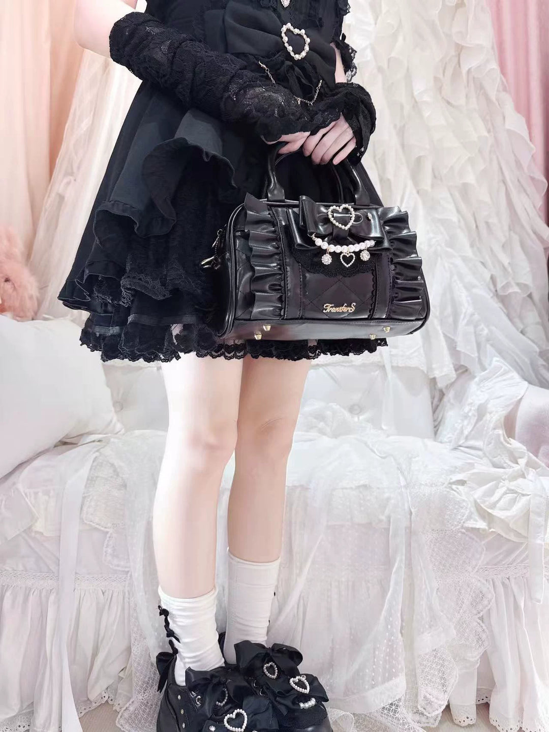 Jirai Kei 2-Way Handbag, Bow-Pearl Side Charm 44558:813680