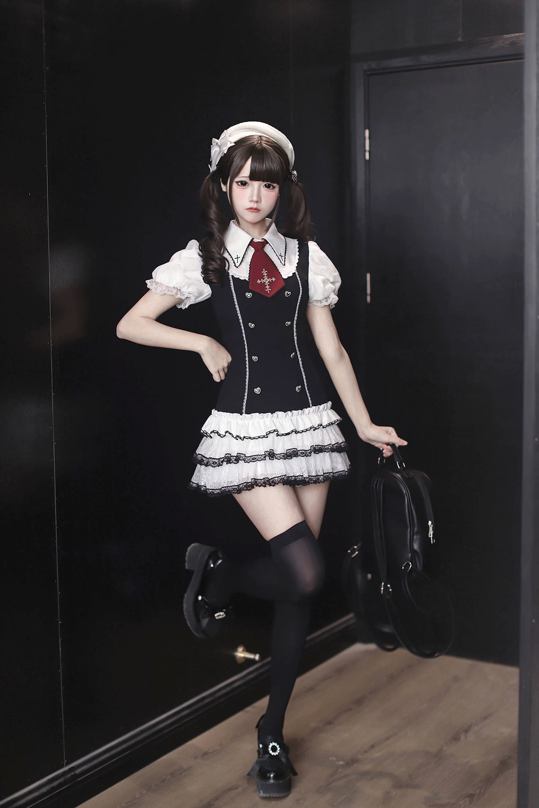 Preppy Style Low-Waist Dress Set, Cross Details 44746:823807