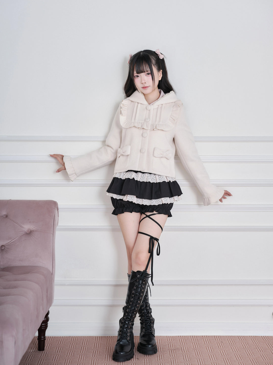 Ryousangata Hooded Solid Coat, Ruffled Neckline 45955:870347