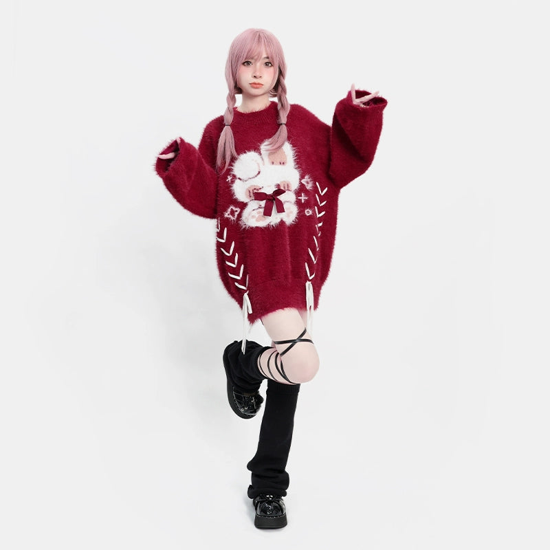 Kawaii Red Pagoda Sleeve Fluffy Strap Sweater 22756:326818 22756:326818