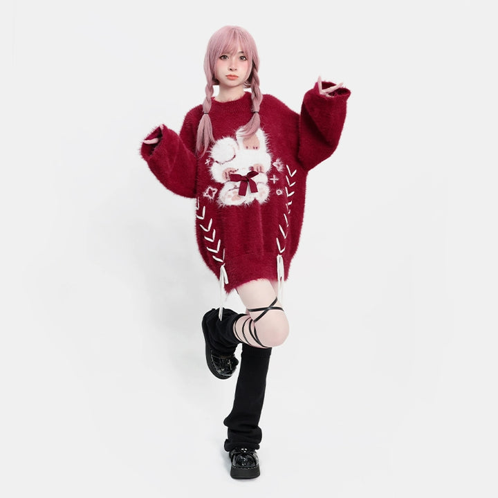 Kawaii Red Pagoda Sleeve Fluffy Strap Sweater 22756:326818