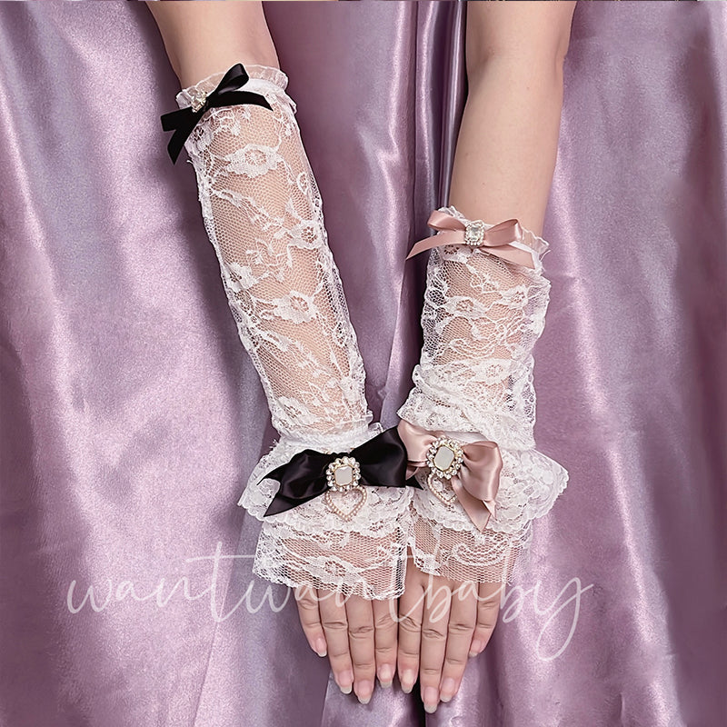 Jirai Kei Ryousangata Bow Rhinestone Lace Hand Sleeves 21758:332056 21758:332056