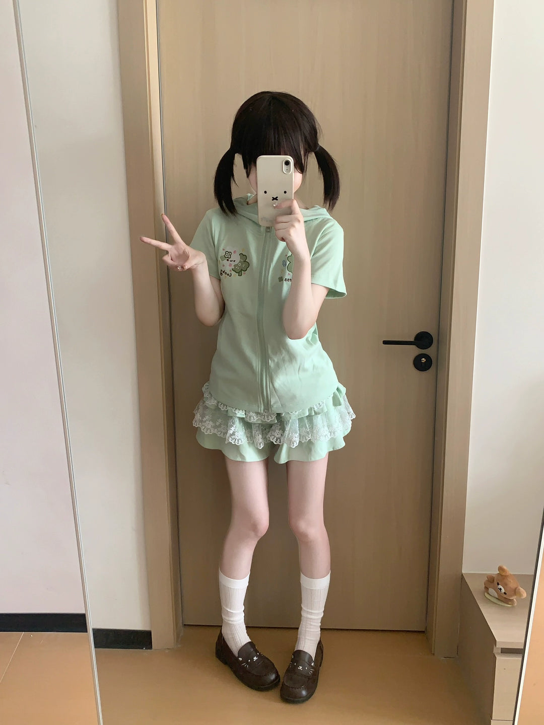 Bunny Eared Kawaii Outfit, Zip-Up Sweatshirt + Lace Skirt 43558:779756