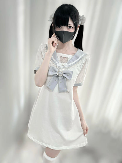 Jirai Kei Dress Pearl Embroidered Dress Short Sleeve Dress 37648:568064