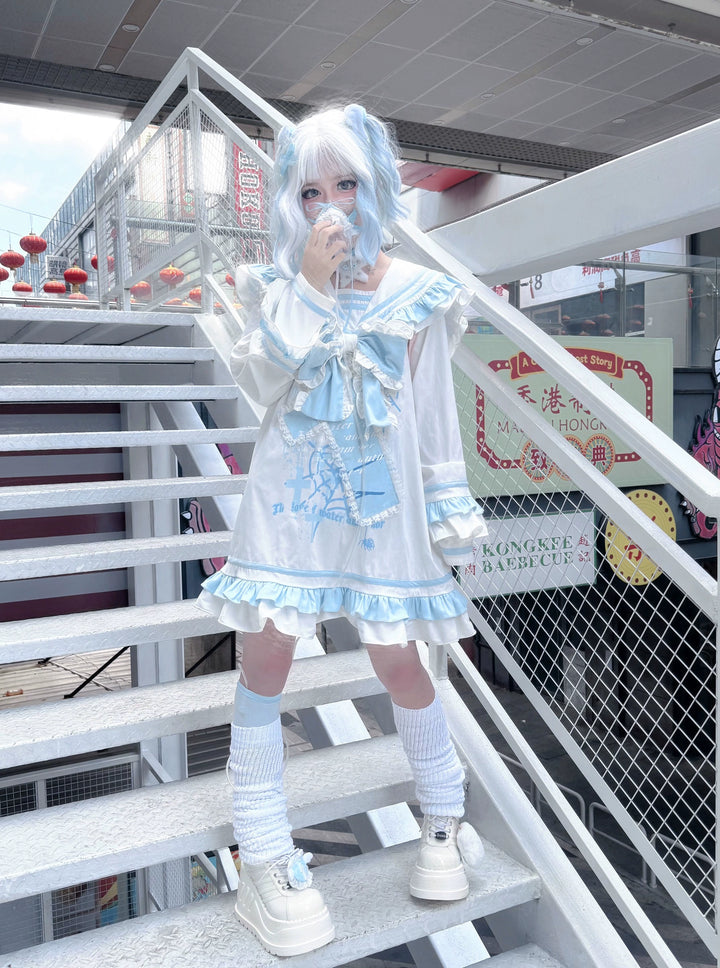 Yami Kawaii Blue White Dress with Sailor Collar & Cross Spiderweb Print 42855:758666