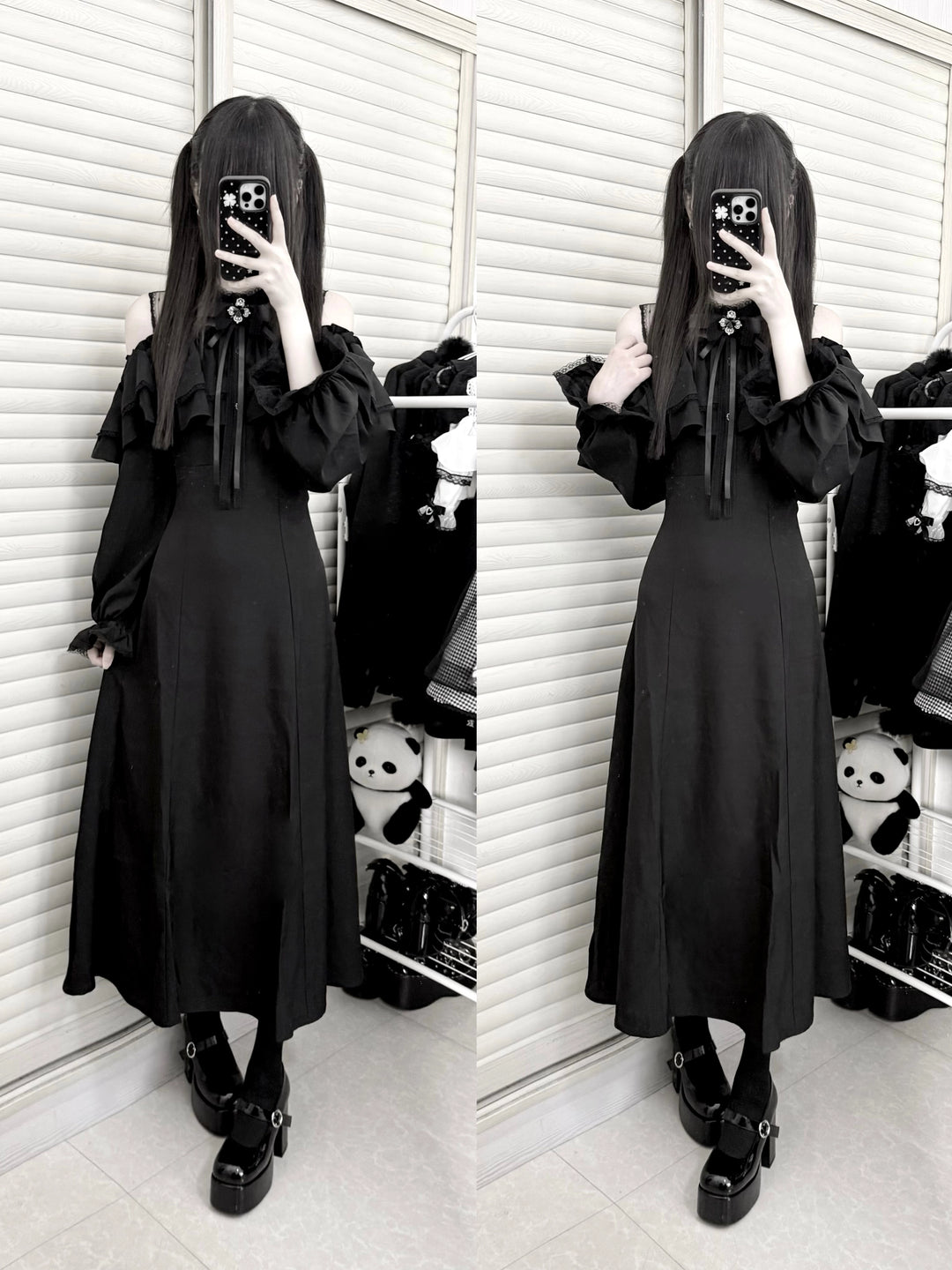 Gothic Black Open-Shoulder Long Dress 44168:798392