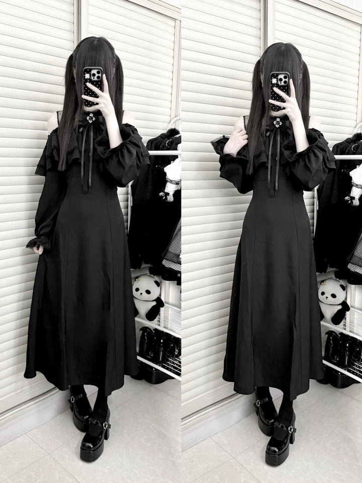 Gothic Black Open-Shoulder Long Dress 44168:798392