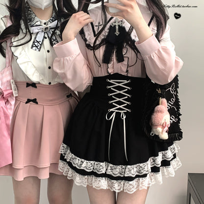 Jirai Kei Skirt High Waist Skirt Lace Up Skirt 36776:540152