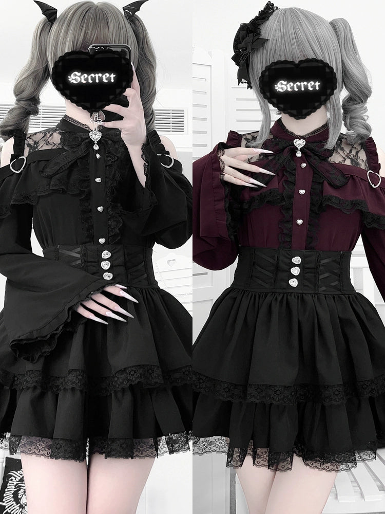 Jirai Kei Open Shoulder Blouse + Tiered Ruffles Skirt 43686:782894