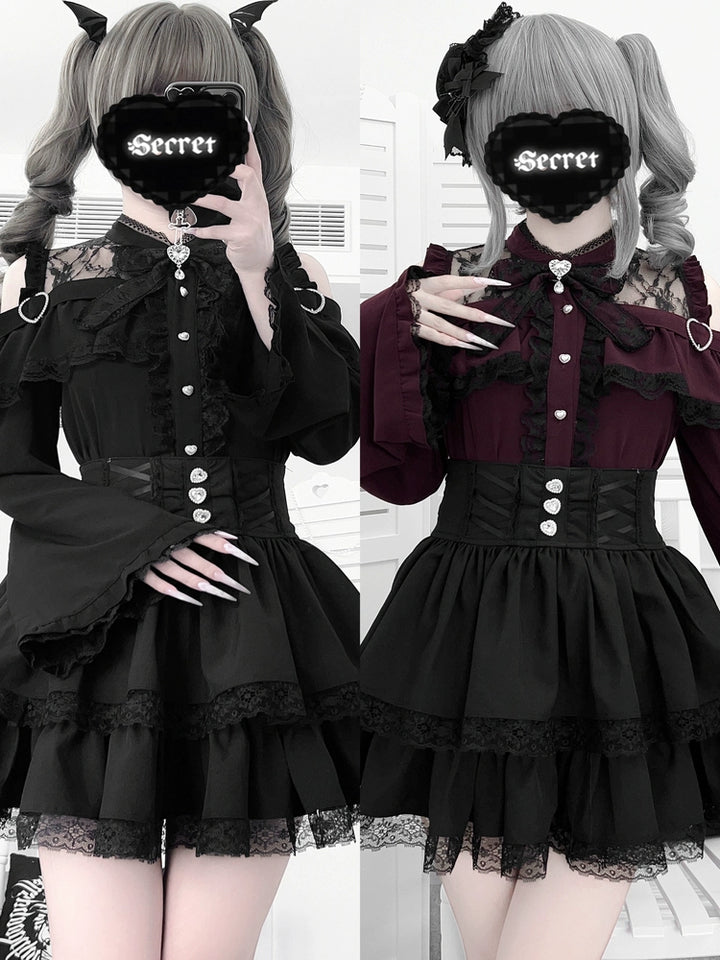Jirai Kei Open Shoulder Blouse + Tiered Ruffles Skirt 43686:782894