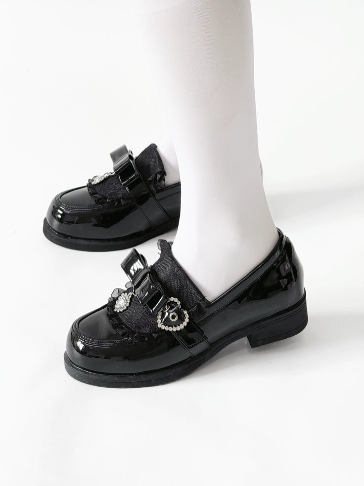 Jirai Kei Low-Heel Loafer Shoes, Rhinestones & Bow 43944:790325