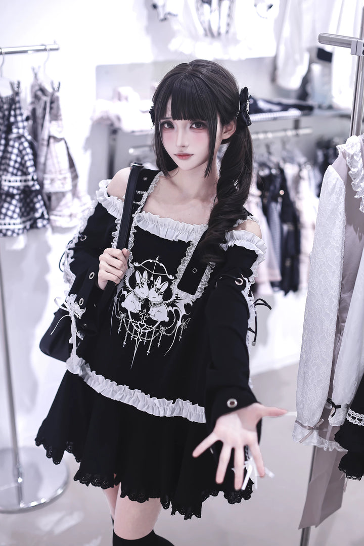 Punk Bunny Print T-shirt Dress, Adjustable Shoulder Straps 45836:865237