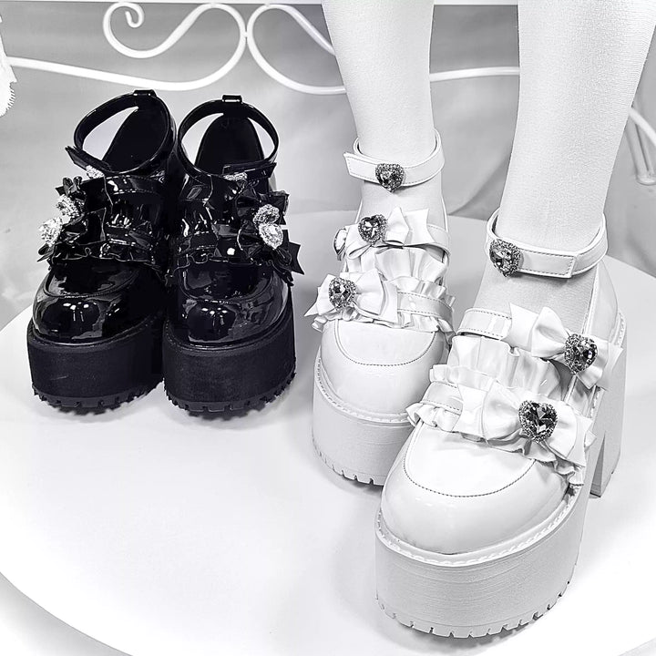 Jirai Kei Platform Shoes with Heart Rhinestone and Ruffle Trim Bow 41582:704376