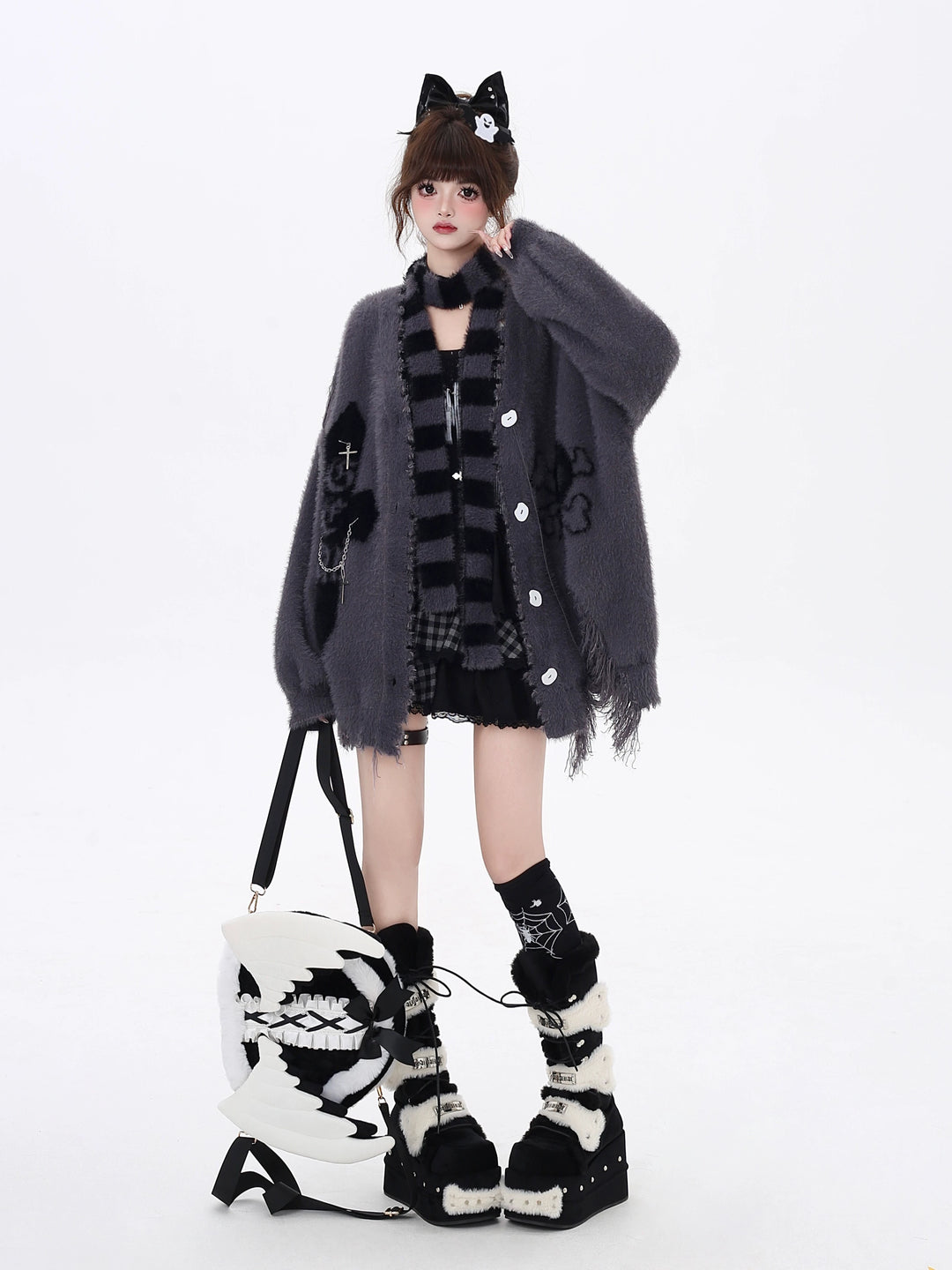 Jirai Kei Sweater Irregular Hem Cardigan With Striped Scarf Jirai Kei Sweater Irregular Hem Cardigan With Striped Scarf