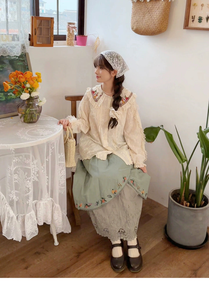 Mori Kei Skirt Sweet Retro Linen Embroidered Long Skirt 41802:714090