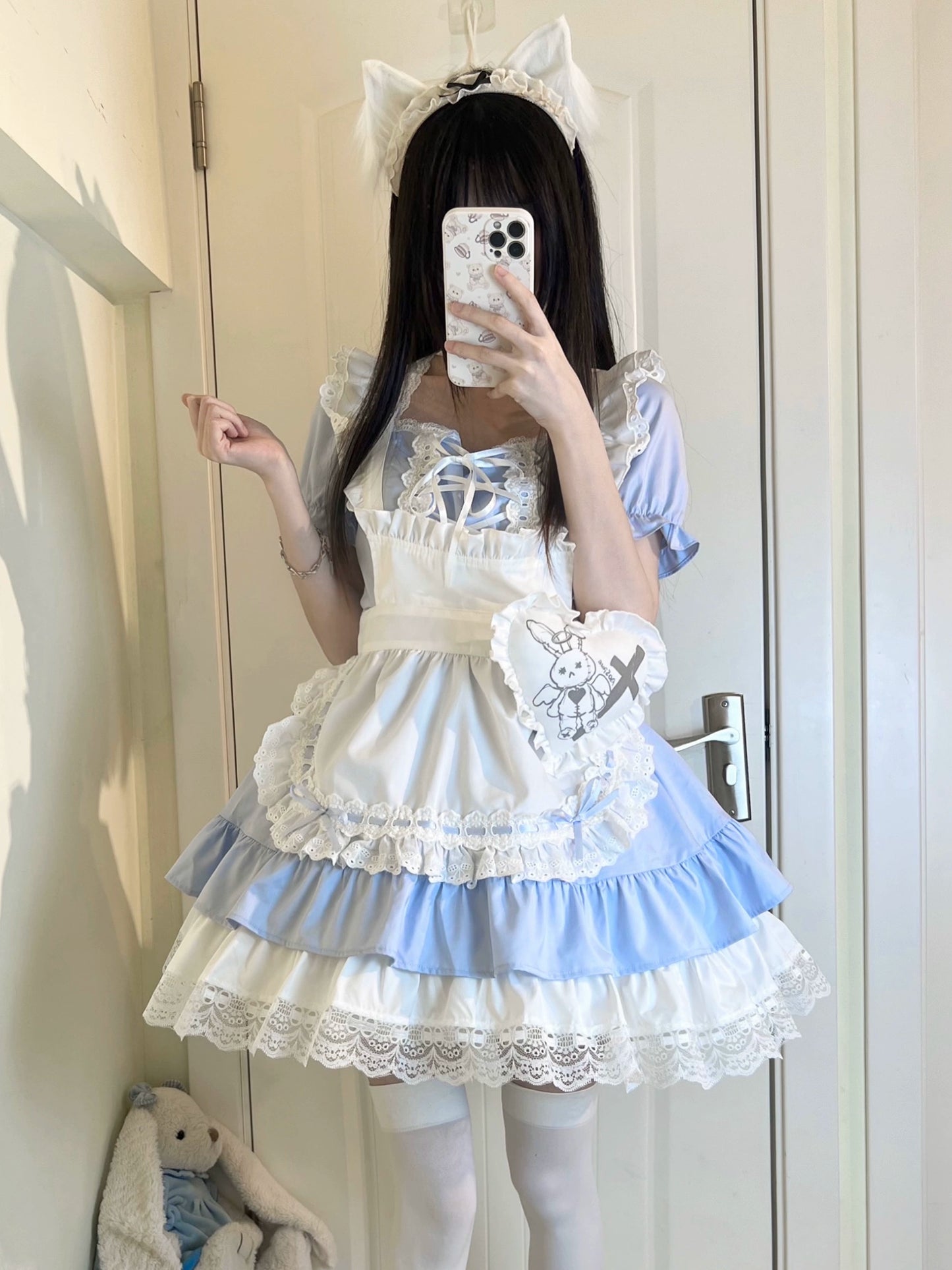 Sweet Lolita Dress Maid Apron Outfit Sweet Color-Block Dress (L M S / Blue) 37560:564004