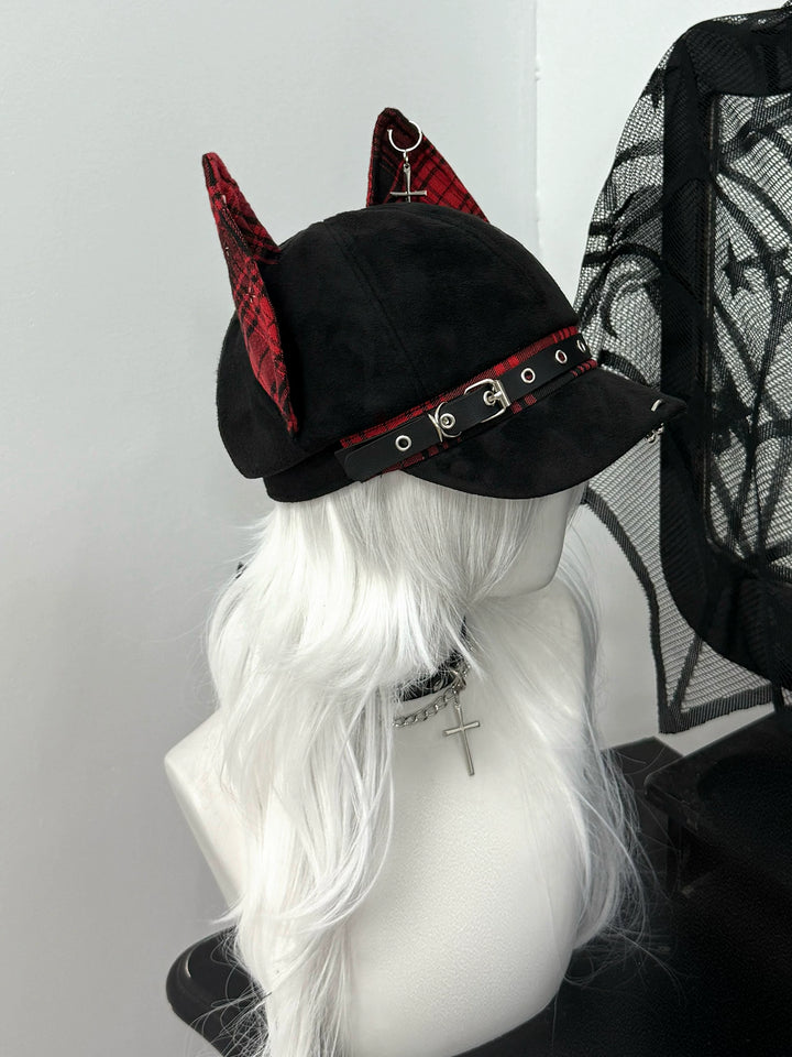 Punk Plaid Hat with Doberman Ears, Back Adjustable Strap 45431:849912