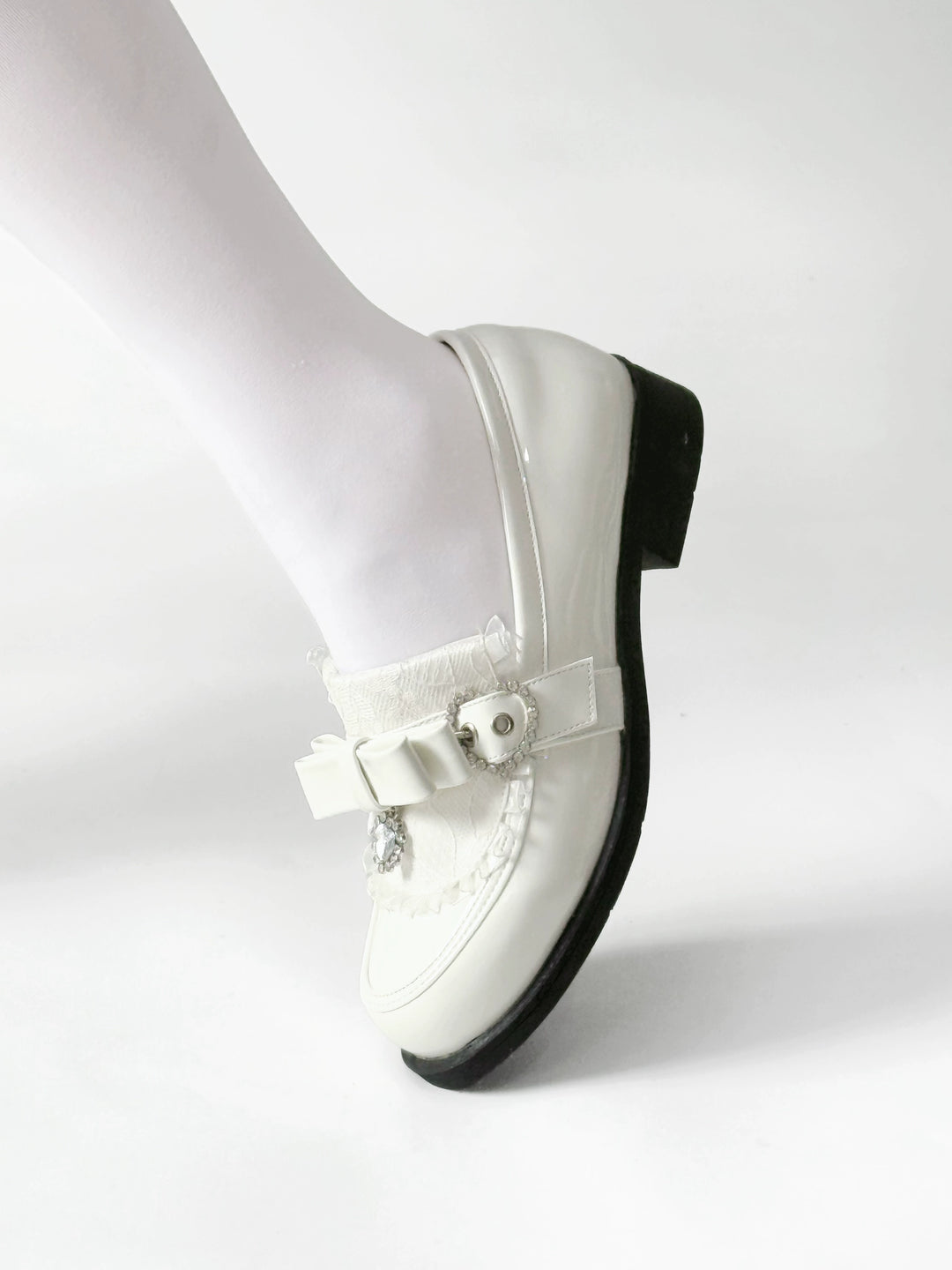 Jirai Kei Low-Heel Loafer Shoes, Rhinestones & Bow 43944:790303