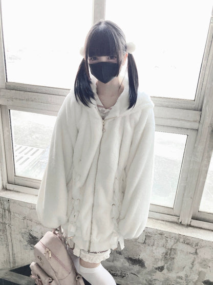 White Jirai Kei Plush Coat Ryousangata Ribbon Bowknot Jacket 33306:446250