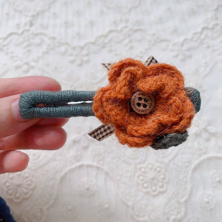 Mori Kei Hair Clips Handmade Knitted Flower Barrettes (Orange) 36438:522390 (Orange) 36438:522390