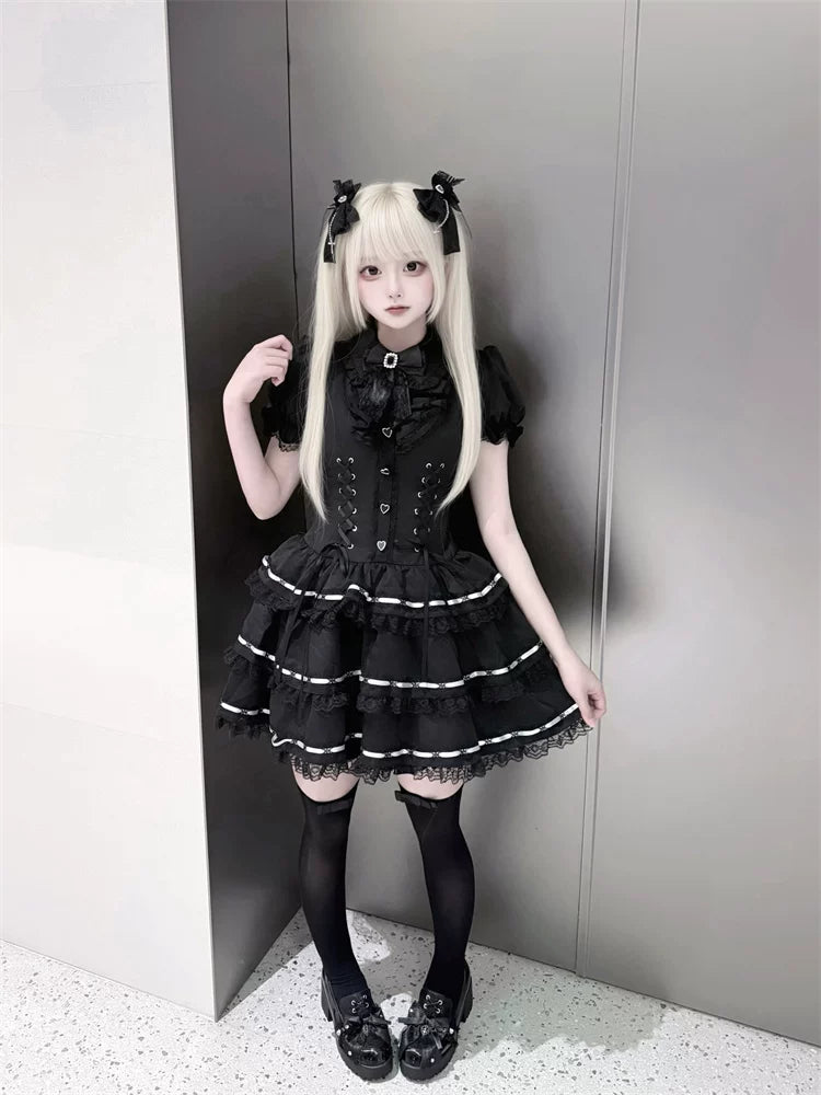 Puffy-Sleeved Jirai Kei Dress, Cake-Designed Hem 45569:854240