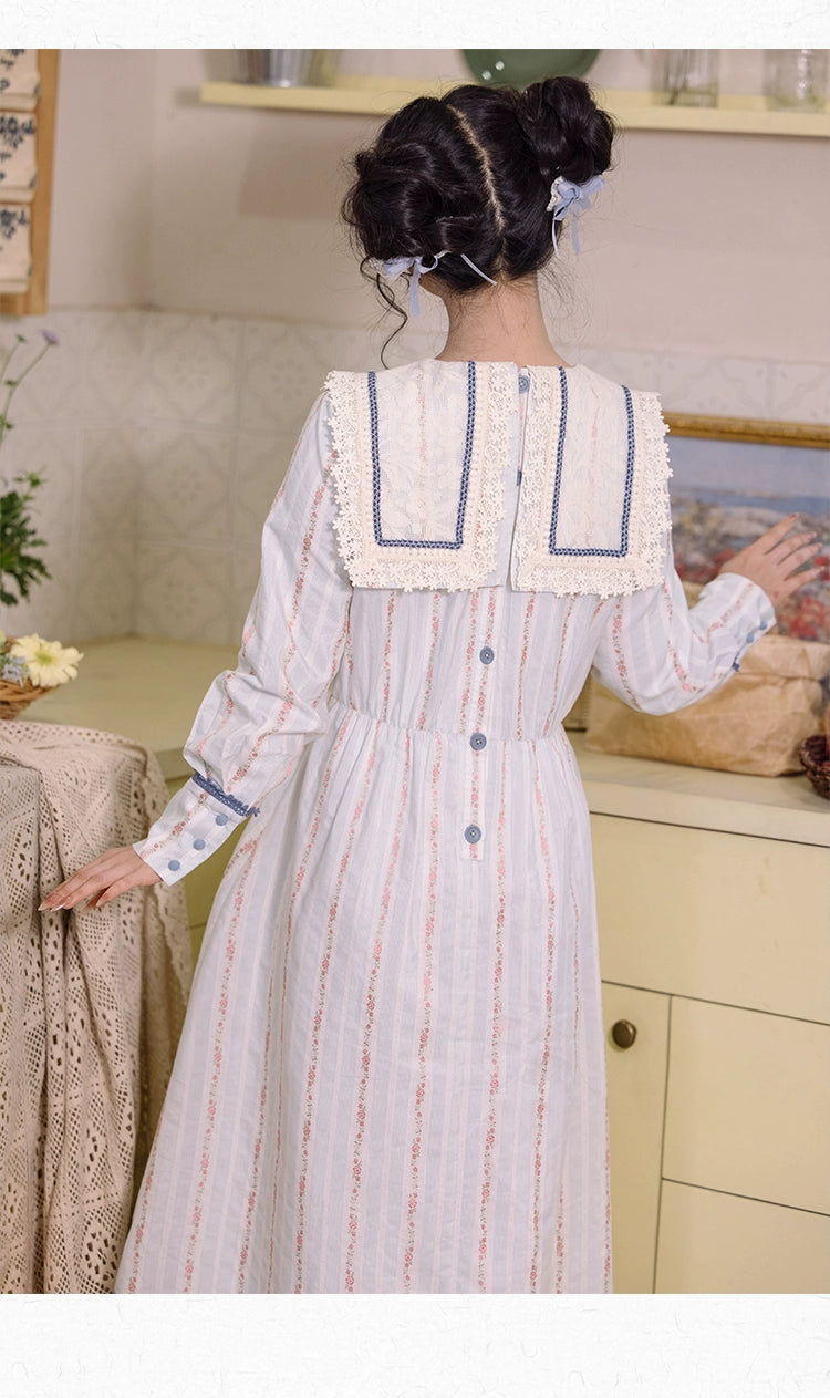 Cottagecore Dress Vintage Floral Striped Dress 36244:534244