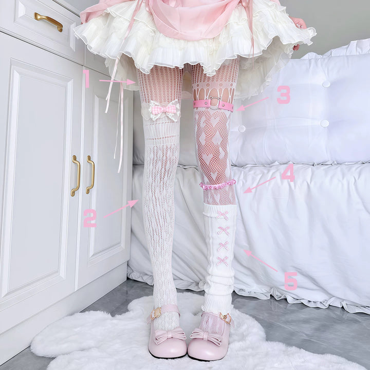 Asymmetrical Layering Pantyhose Sock Set, Bows and Lace 45358:850858