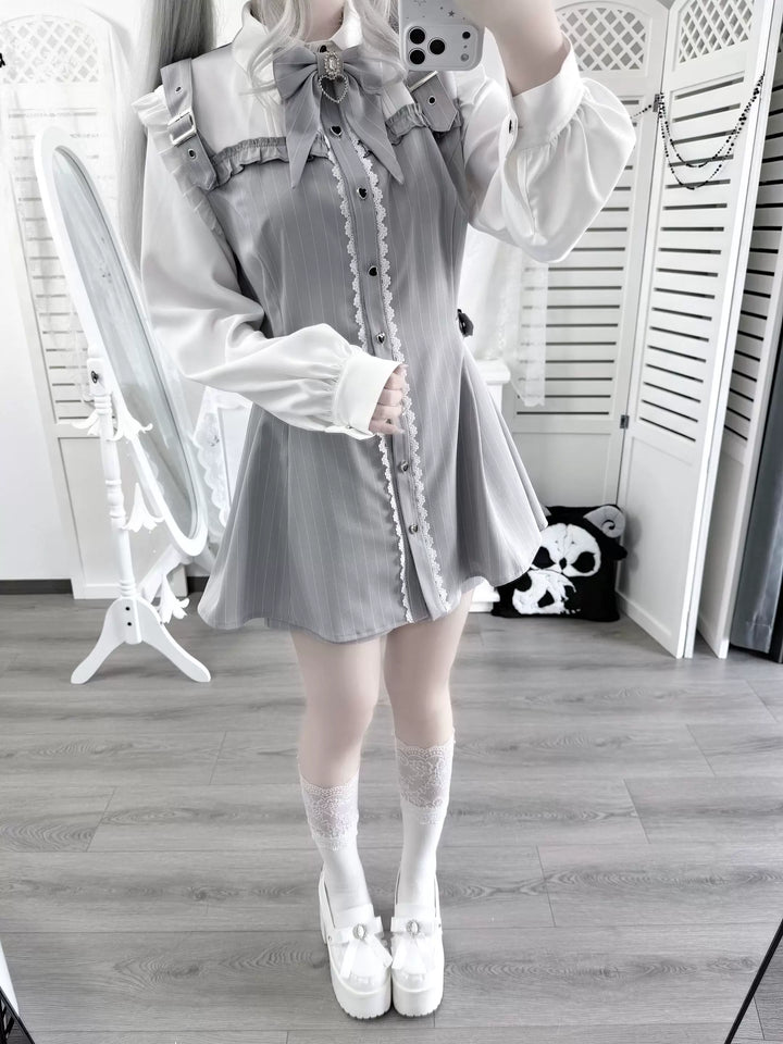 Jirai Kei Striped Dress, Contrast-color Long Sleeve 45795:865657