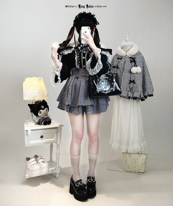 Lace Open-Shoulder Jirai Kei Blouse, Long Sleeves 44004:793102