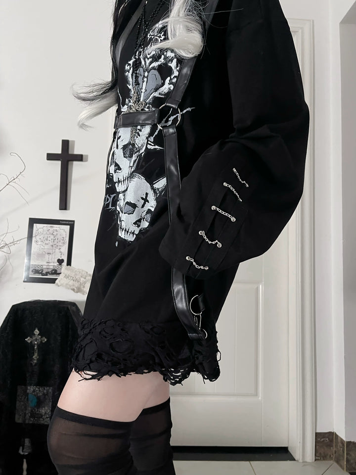 Gothic Printed Long Sleeve Tee, Detachable Strap 44336:804670