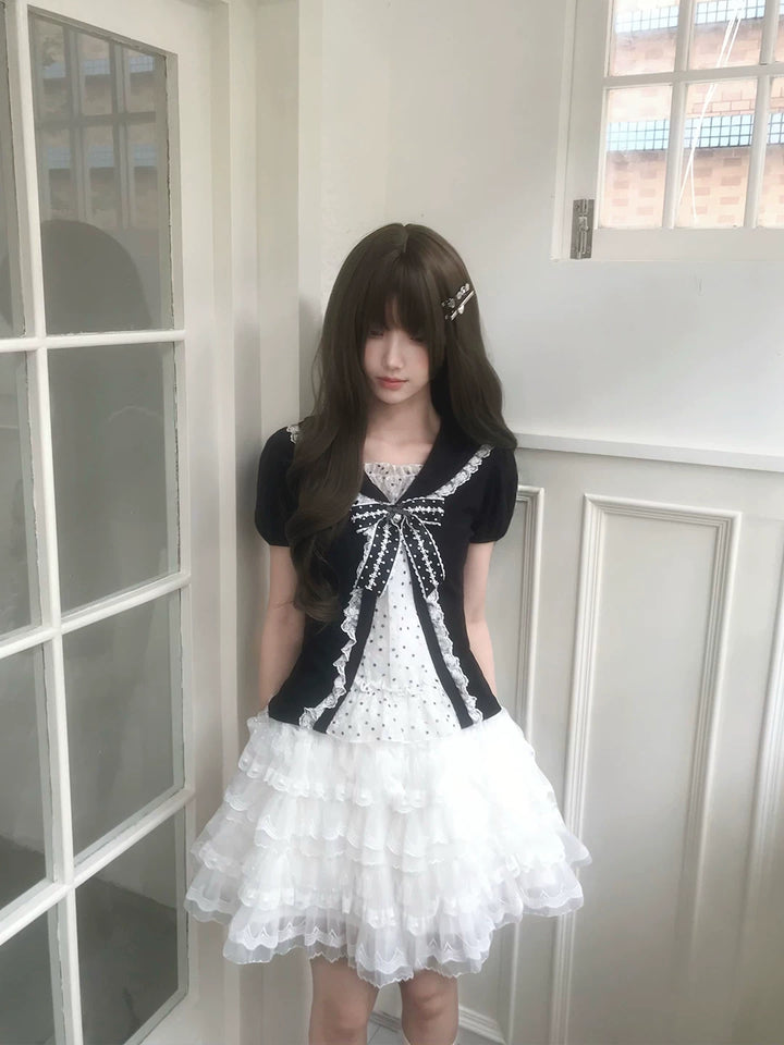Sweet Polka Dot Sailor Collar Blouse, Elastic Waist Skirt 45346:850184
