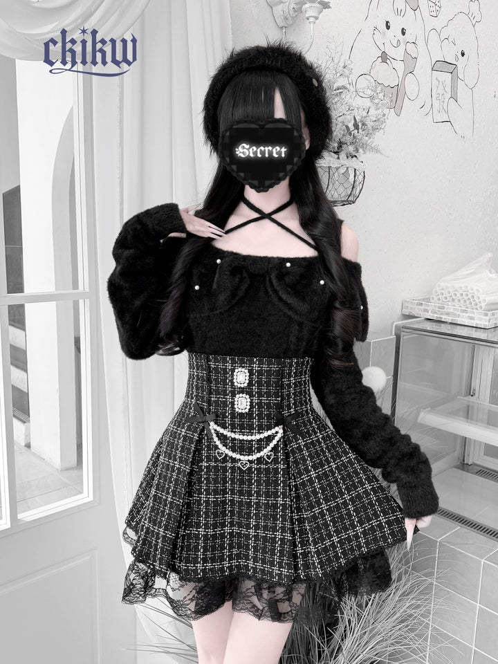 Jirai Kei Open-Shoulder Sweater, Faux Mink Plush 44156:797396