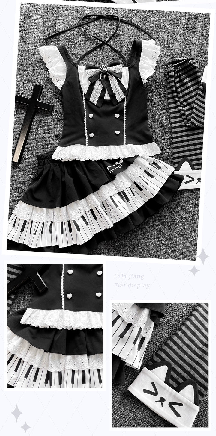 Halter Neck Kawaii Skirt Set, Cat and Piano Print 43577:780206