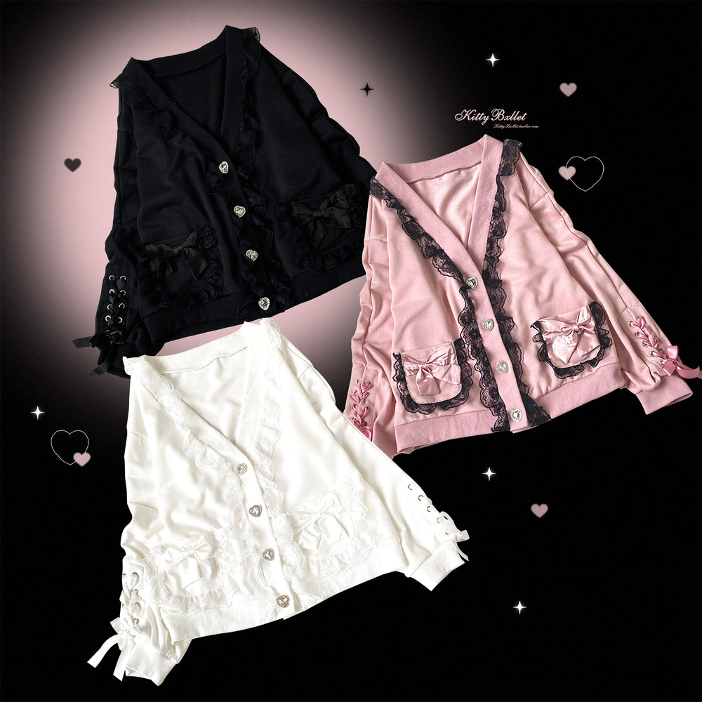 Ryousangata Sweatshirt Cardigan, Ruffled Lace (Black Pink White) 43732:783883