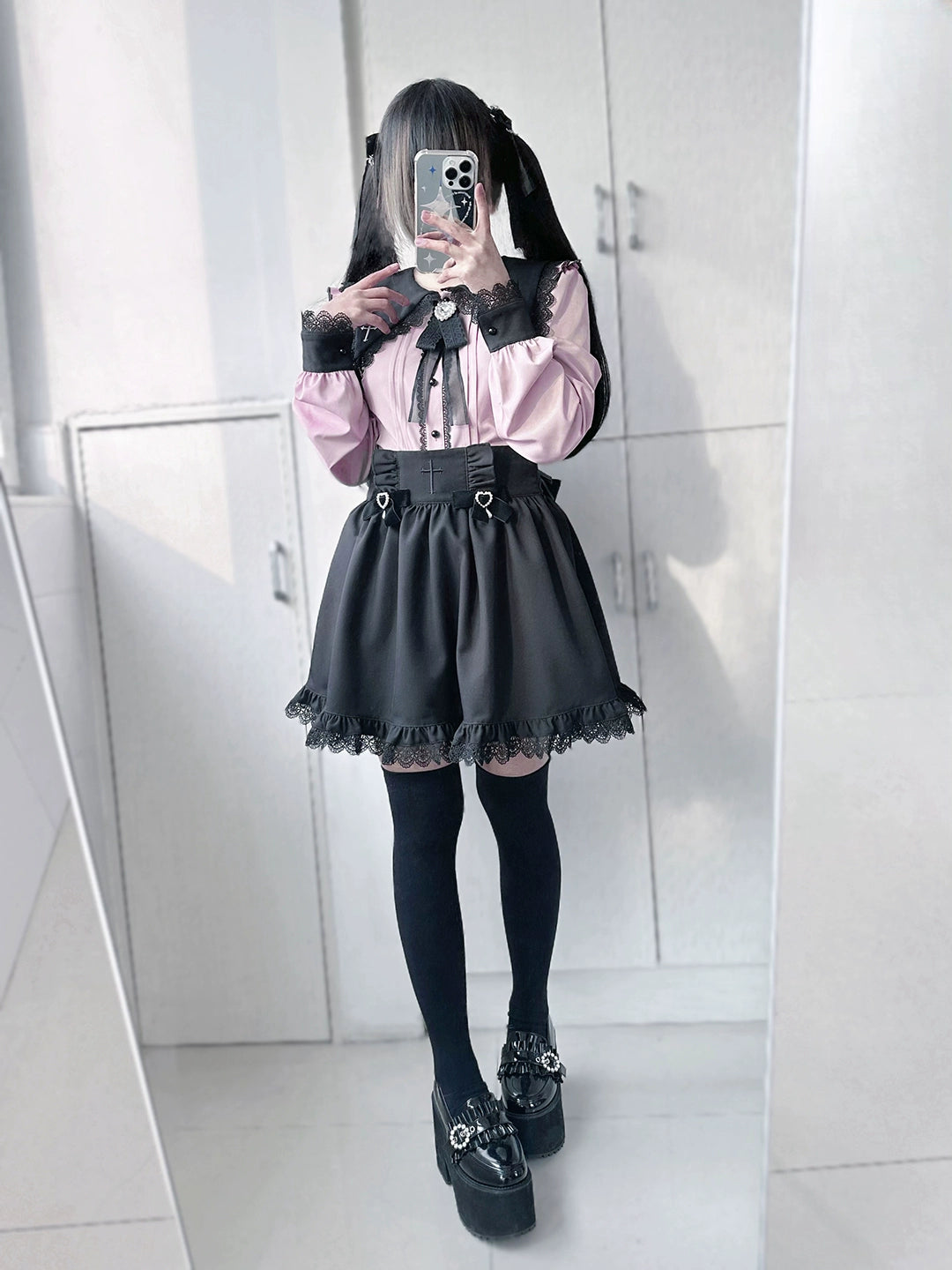 Jirai Kei Set Black Pink Blouse Black Skirt 37666:564484