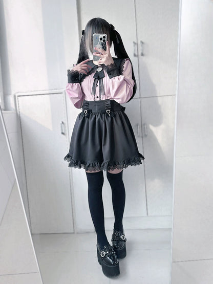 Jirai Kei Set Black Pink Sailor Collar Blouse Cross Skirt 37666:564484