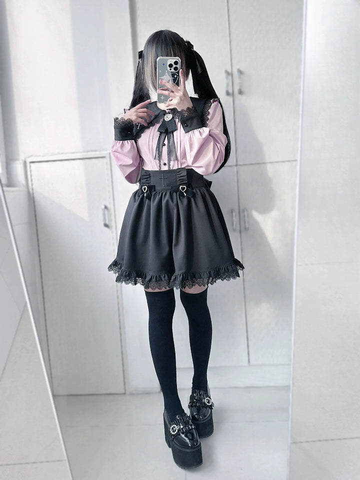 Jirai Kei Set Black Pink Blouse Black Skirt 37666:564484