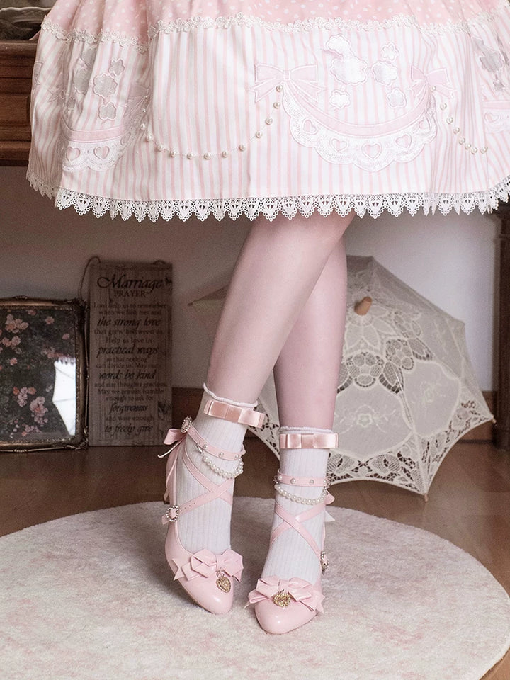 Classic Lolita Pointed Toe High Heels, Pearl-Like & Rhinestone 45841:864852