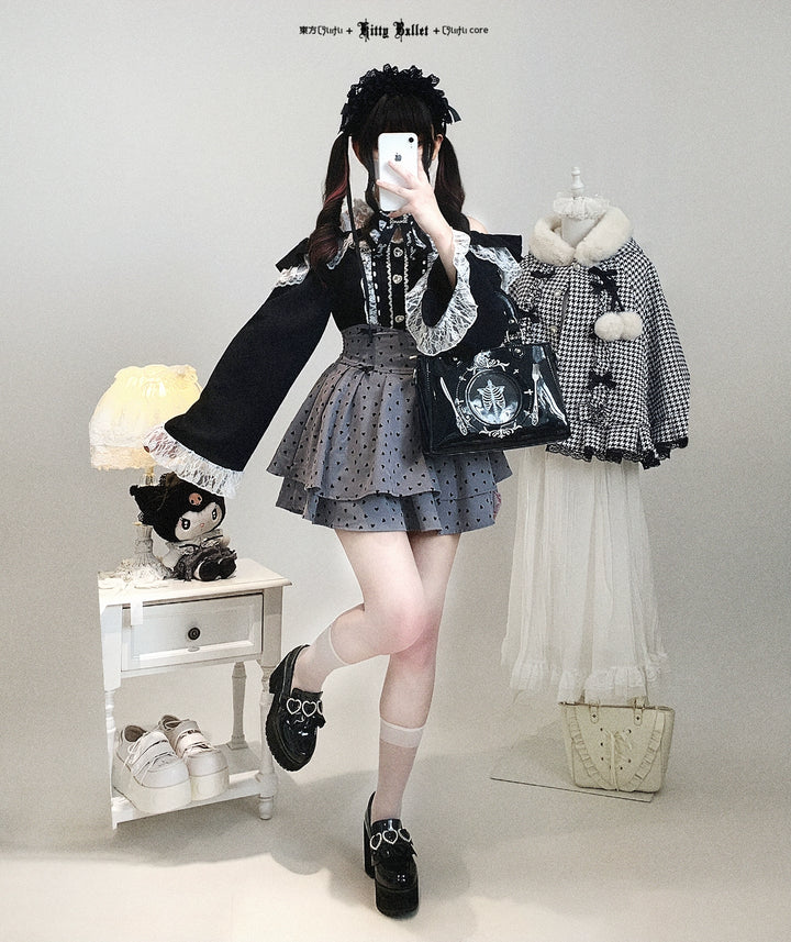 Lace Open-Shoulder Jirai Kei Blouse, Long Sleeves 44004:793103