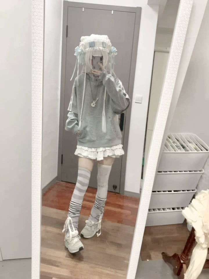 Jirai Kei Hoodie Lace-up Cat Ear Sweatshit Grey Top 39704:637014