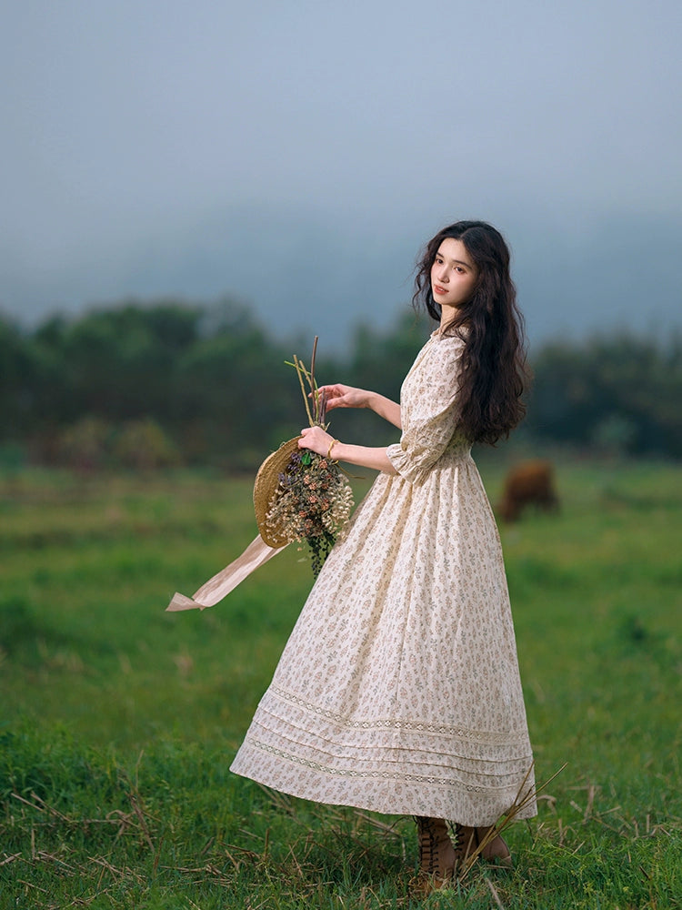 Mori Kei Dress Cottagecore Floral Dress French Artistic Cotton Dress 36340:546880