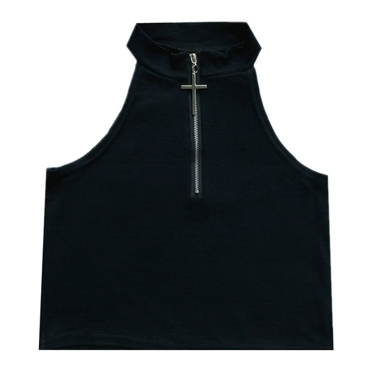 Gothic Style Crop Top High Neck Zipper Sleeveless Shirt (F) 37474:560728