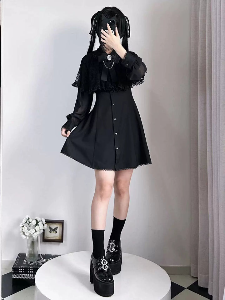 Jirai Kei Dress Lace Cape Dress Chiffon Long-sleeved Dress 39730:634466