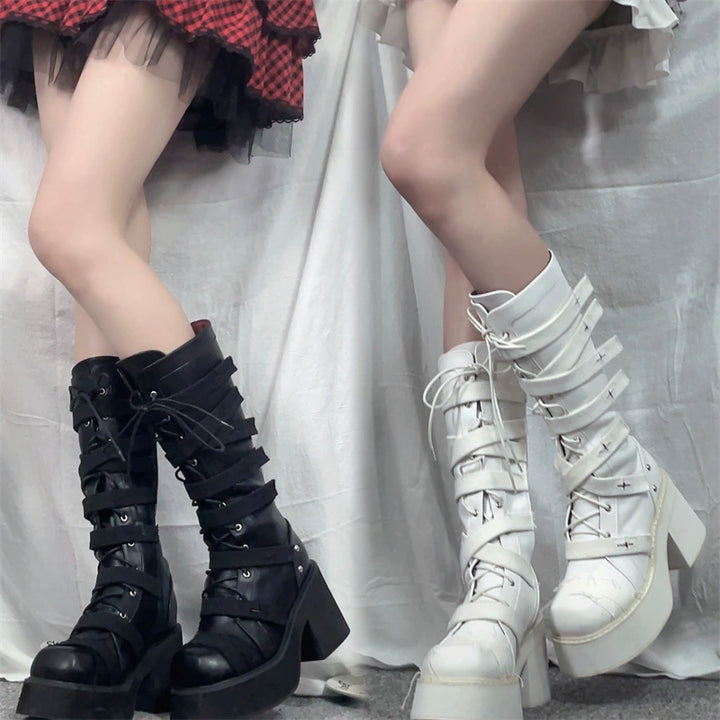 Punk Combat Boots Cross Strap Black White Boots 33822:446180 33822:446180