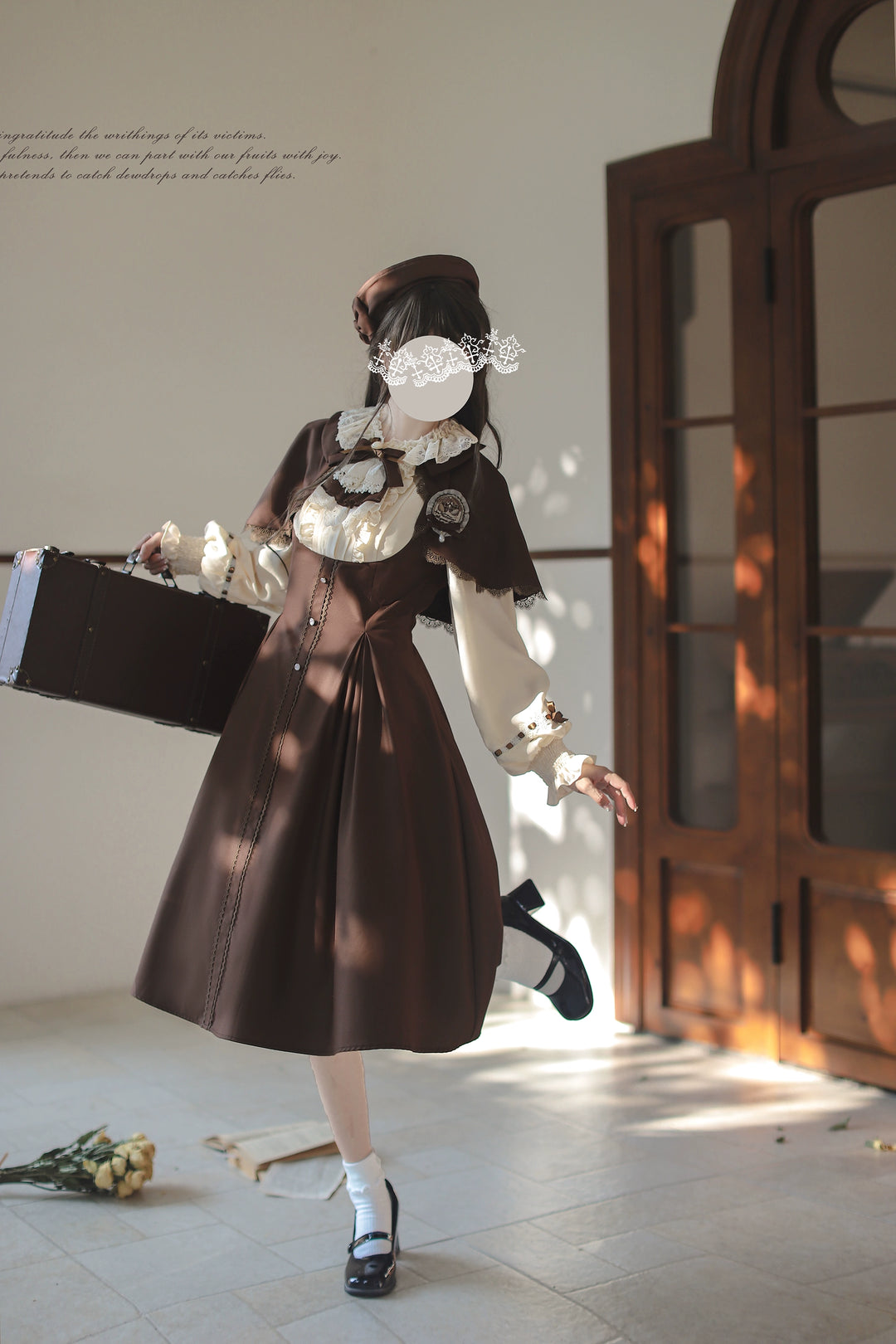 Elegant Lolita Brown and Beige OP Dress Set 44124:797964